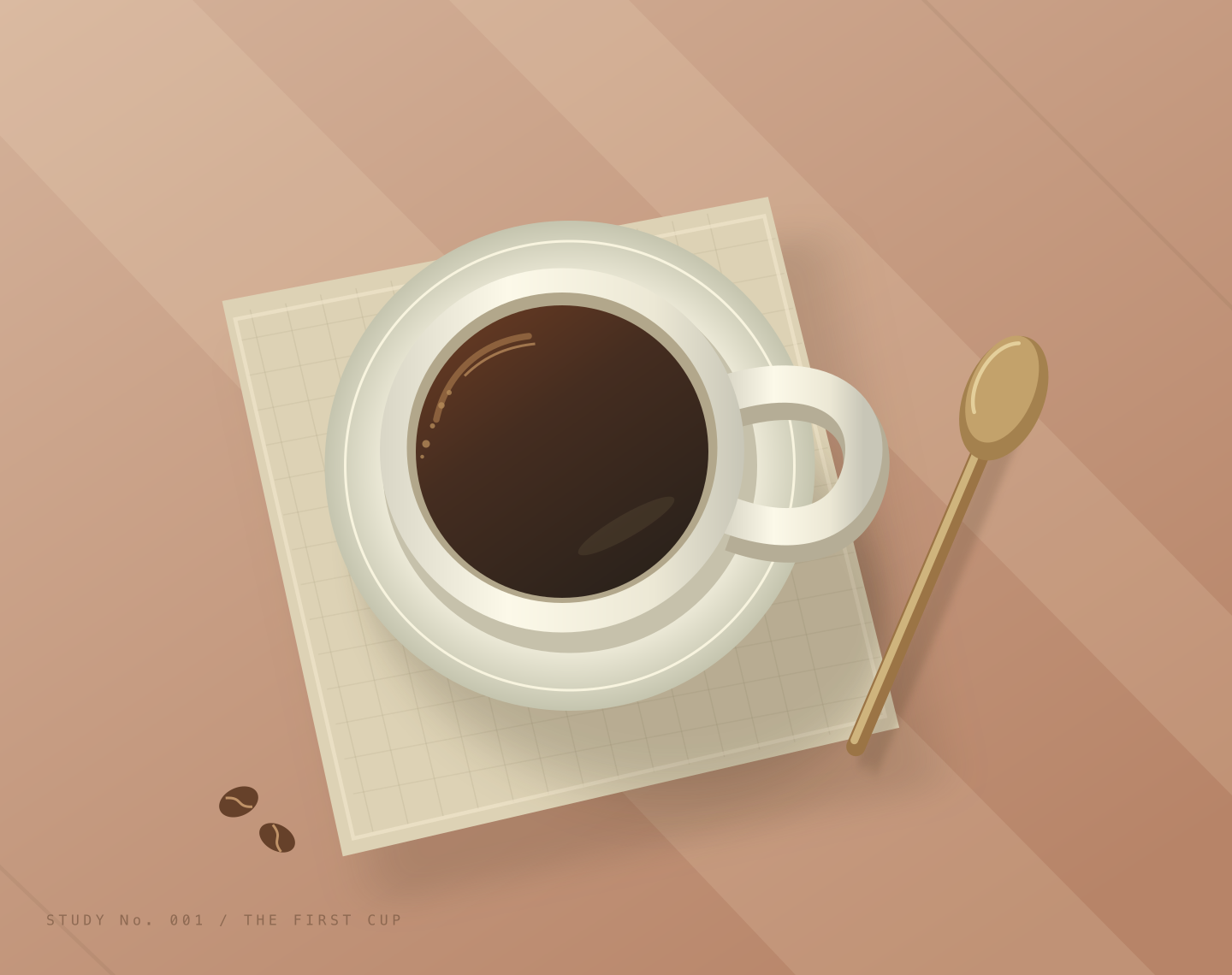 Generated illustration of a ceramic cup of coffee beside a spoon on a warm terracotta table.